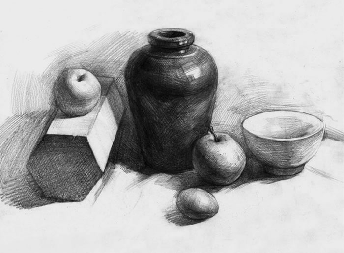 素描有石膏和深色罐子的組合