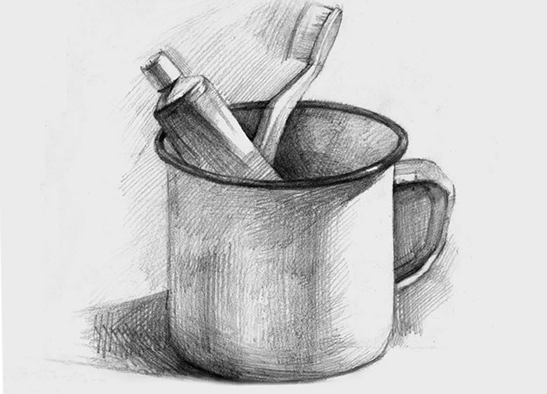 牙缸和牙刷組合素描畫