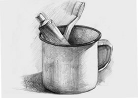 牙缸和牙刷組合素描畫