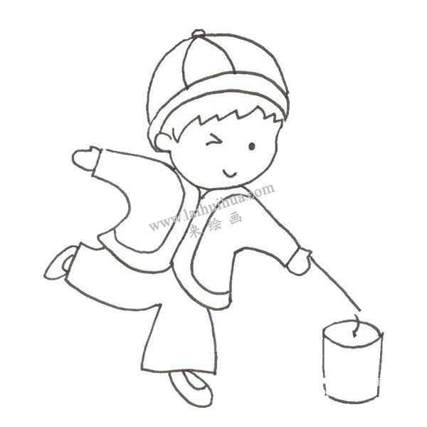 小孩子放煙花的卡通繪畫步驟三