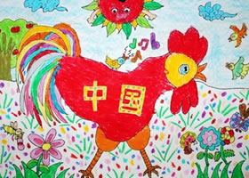 火紅的公雞（中國）兒童油棒畫