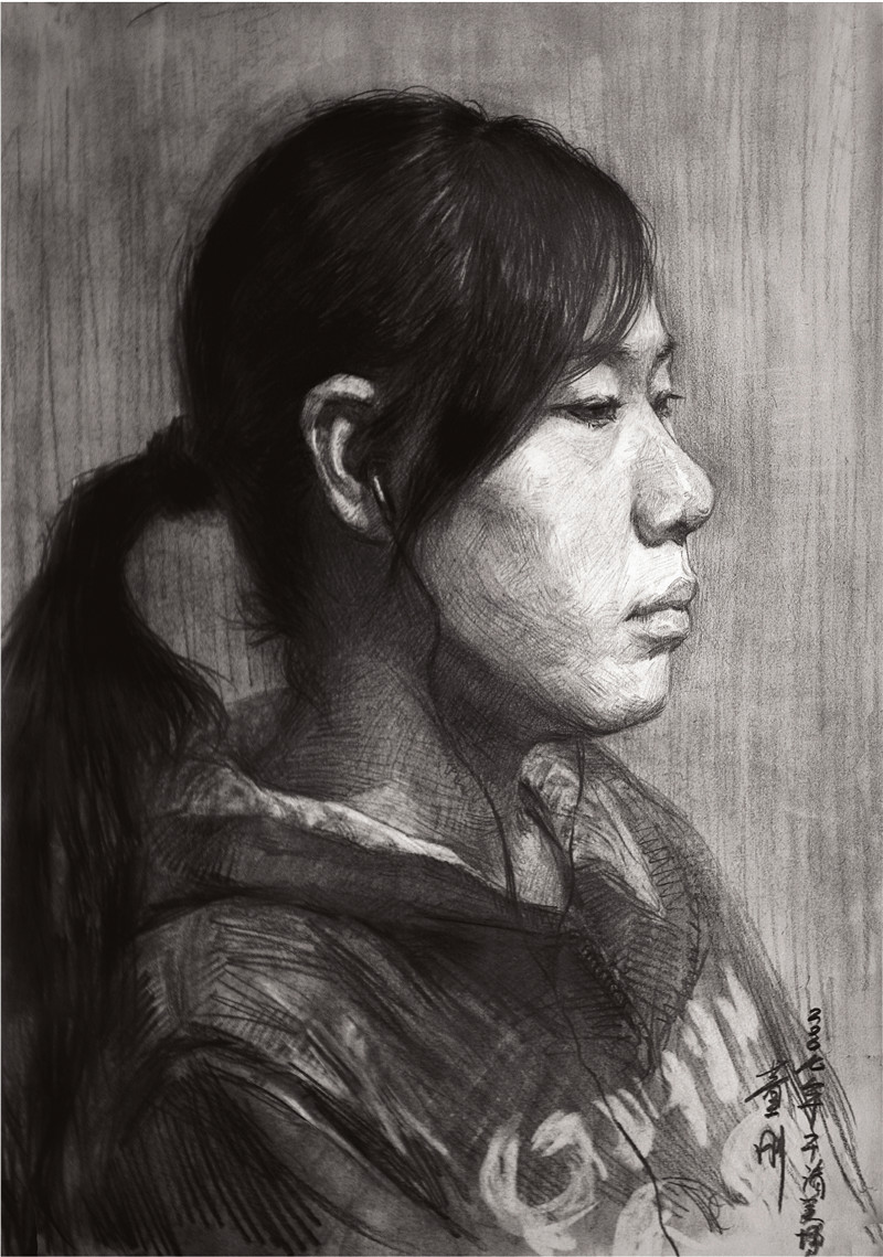 素描扎馬尾辮女青年頭像的步驟