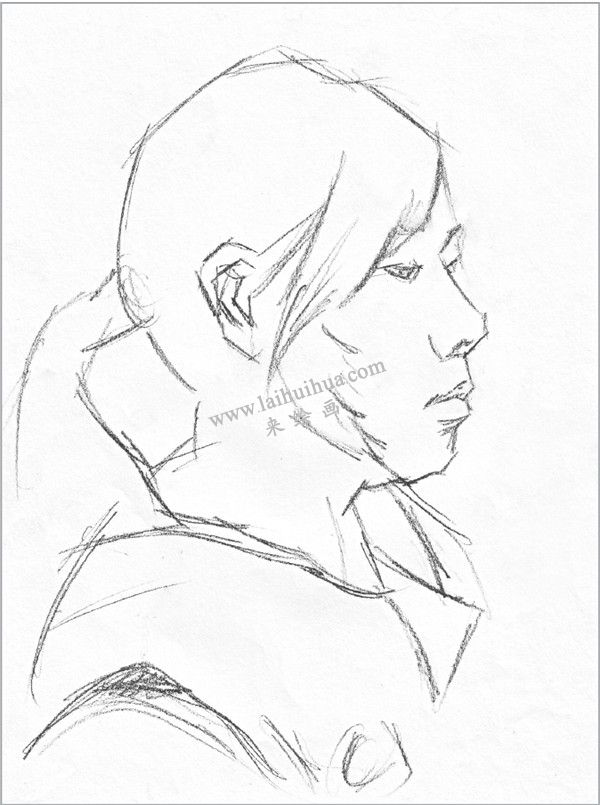 素描扎馬尾辮女青年頭像的步驟 二