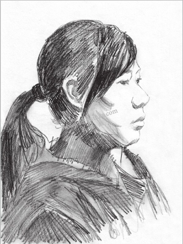 素描扎馬尾辮女青年頭像的步驟 三