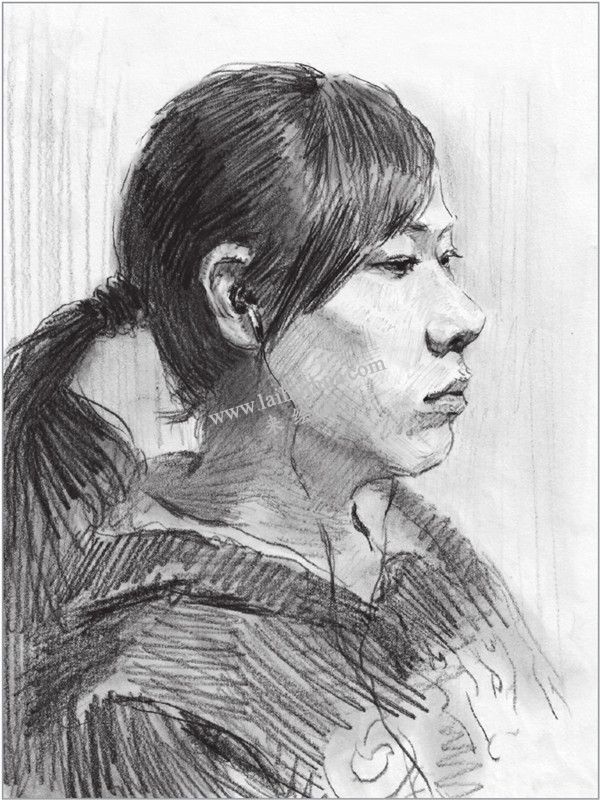 素描扎馬尾辮女青年頭像的步驟 四
