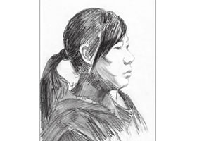 素描扎馬尾辮女青年頭像的步驟