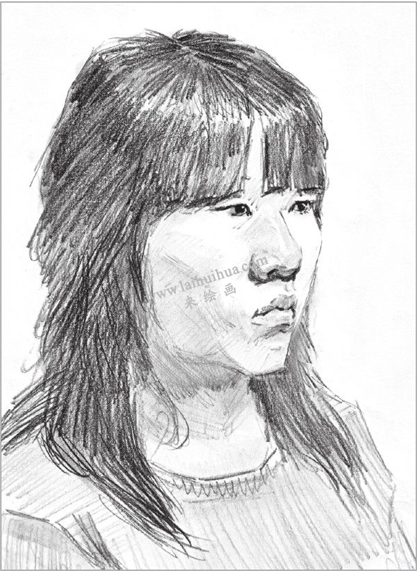 素描長(zhǎng)發(fā)女青年頭像的繪畫步驟 四