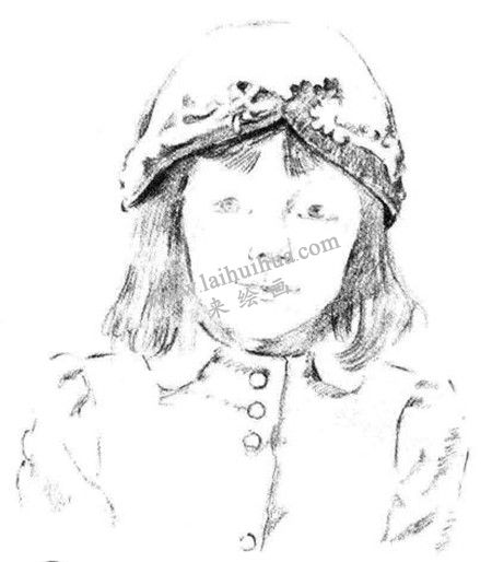 素描戴帽子的小女孩畫法步驟 四