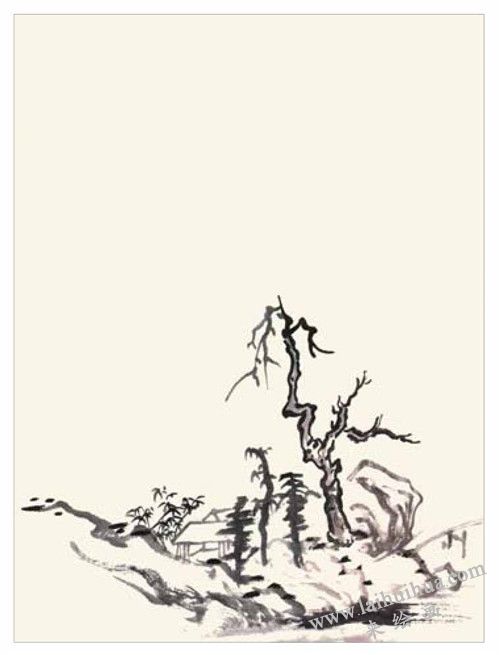 寧靜小山村國畫畫法  步驟三