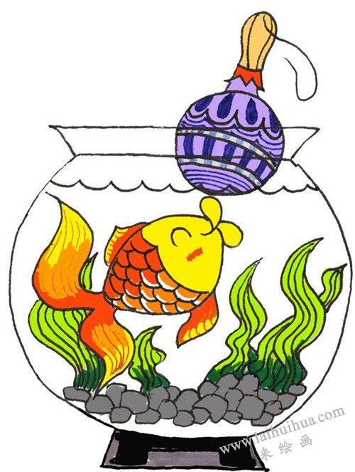 給水草上色 金魚卡通畫