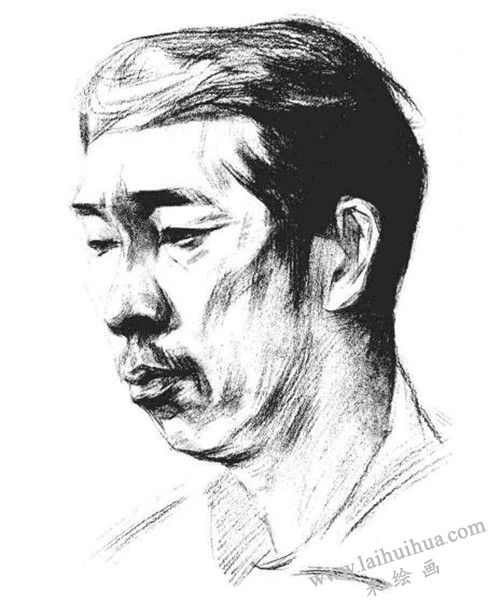 四分之三頂側(cè)光線男中年肖像素描畫法步驟 三