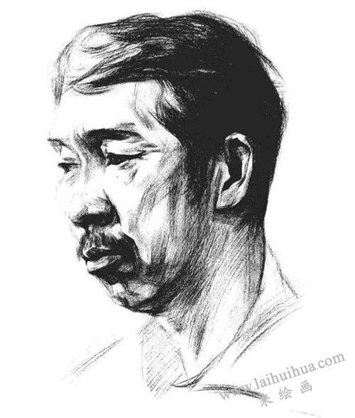 四分之三頂側(cè)光線男中年肖像素描畫法步驟 四