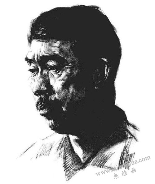 四分之三頂側(cè)光線男中年肖像素描畫法步驟 八