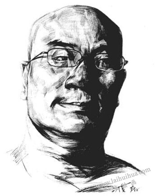 素描戴眼鏡的中年男子正面肖像畫法步驟  完成稿