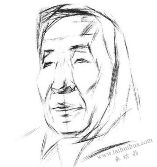 素描戴圍巾的老年女子肖像畫法步驟 二