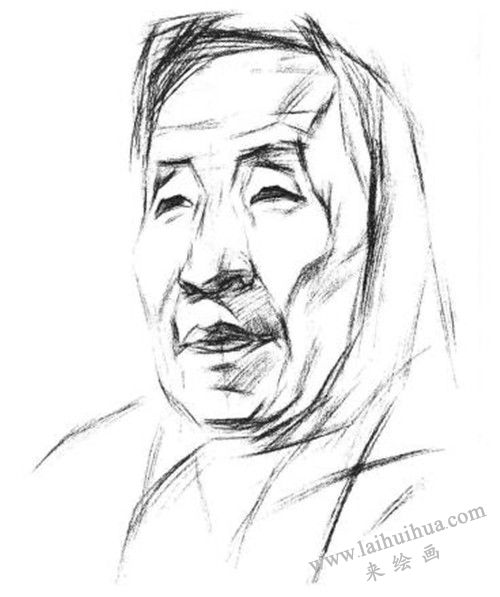 素描戴圍巾的老年女子肖像畫法步驟 三