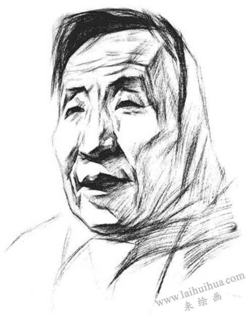 素描戴圍巾的老年女子肖像畫法步驟 四