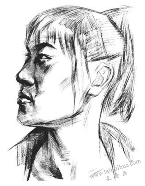 素描二分之一側(cè)面順光女青年肖像畫法步驟 三