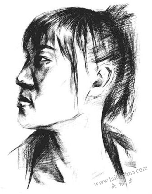 素描二分之一側(cè)面順光女青年肖像畫法步驟 五