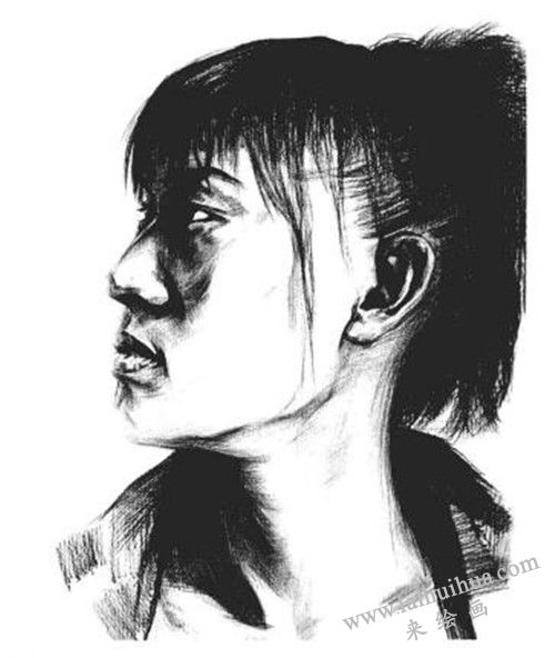 素描二分之一側(cè)面順光女青年肖像畫法步驟 八