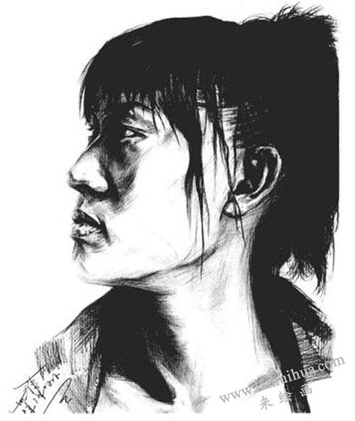 素描二分之一側(cè)面順光女青年肖像畫法步驟 完成稿