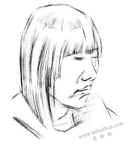 素描四分之三長發(fā)女青年肖像的畫法步驟 二