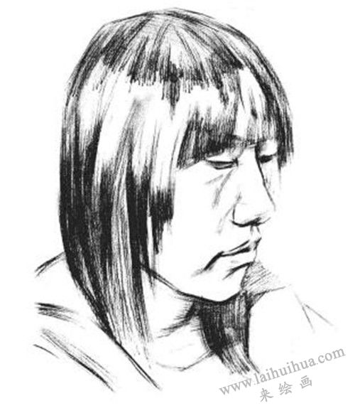 素描四分之三長發(fā)女青年肖像的畫法步驟 三