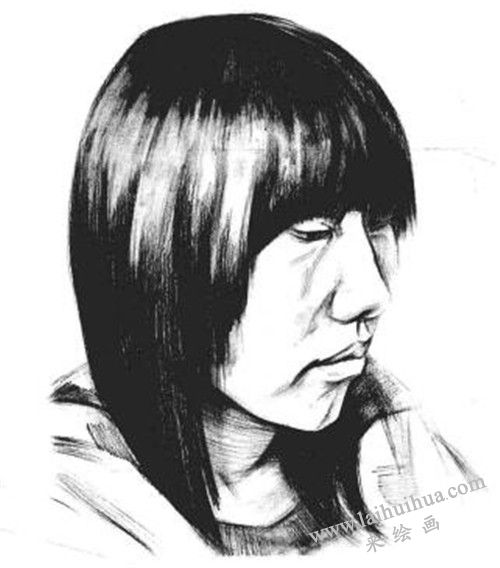 素描四分之三長發(fā)女青年肖像的畫法步驟 五