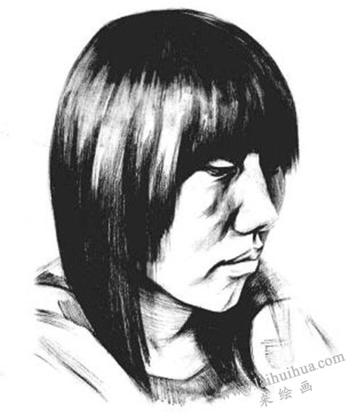 素描四分之三長發(fā)女青年肖像的畫法步驟 六
