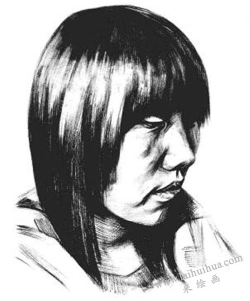 素描四分之三長發(fā)女青年肖像的畫法步驟 七