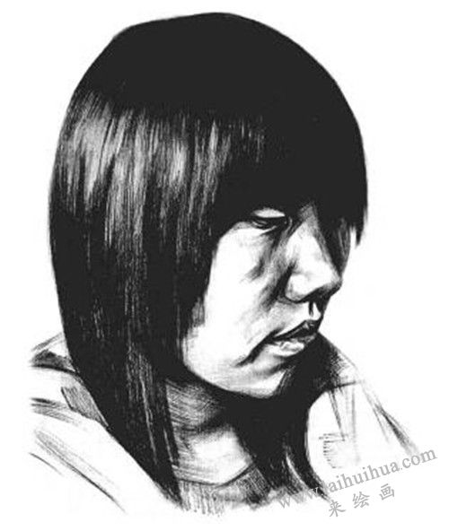 素描四分之三長發(fā)女青年肖像的畫法步驟 八