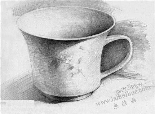 白瓷帶花茶杯素描畫法步驟 完成圖
