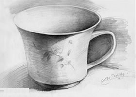 白瓷帶花茶杯素描畫法步驟