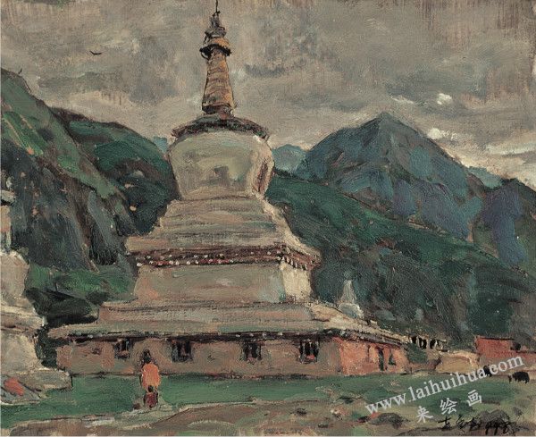 佛塔　紙上油畫
