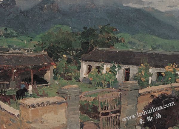 山村獸醫(yī)站　紙上油畫