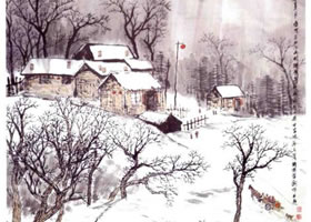 《山村雪貌》山水畫