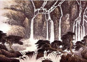 《懸壁松瀑》山水畫