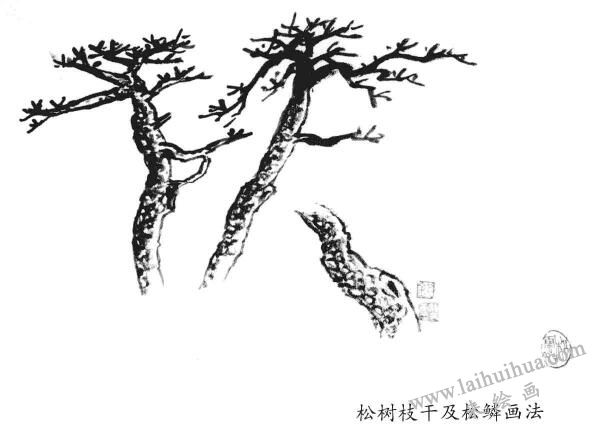 松樹枝干及松鱗畫法