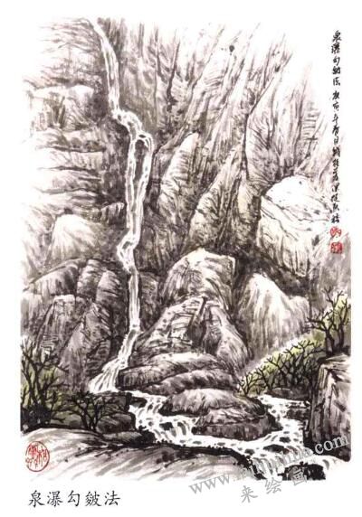 山水畫泉瀑畫法（勾皴法）
