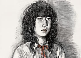 燙卷發(fā)的女孩素描畫
