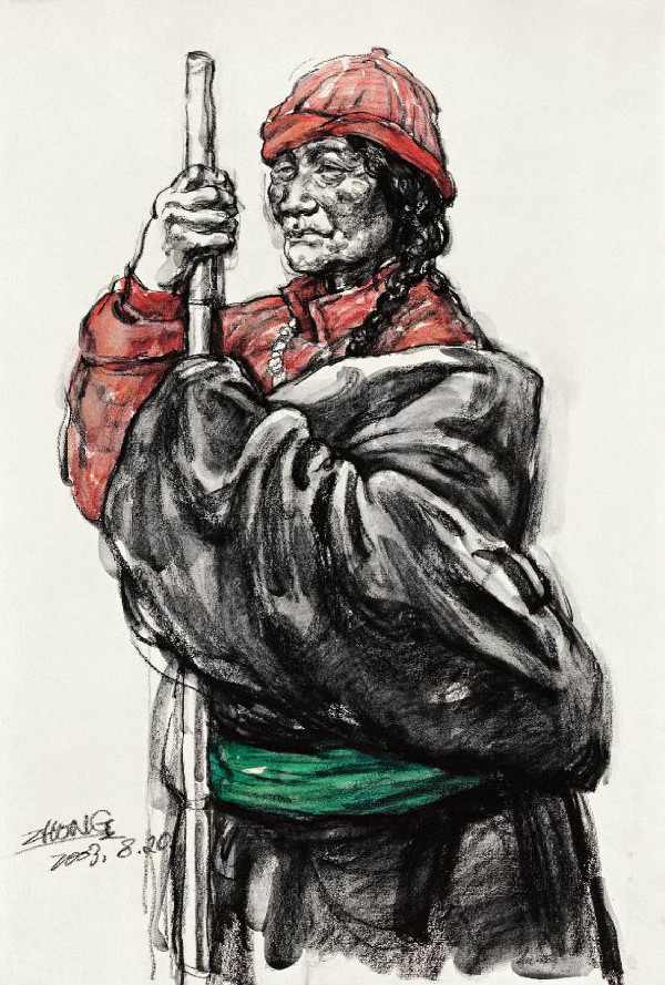 《藏族老人》素描畫