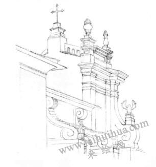 教堂素描畫線稿畫法步驟07