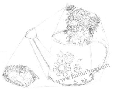 素描簸箕與壺畫線稿步驟03