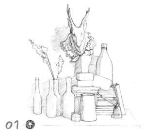 書房一角素描鋪色畫法步驟01