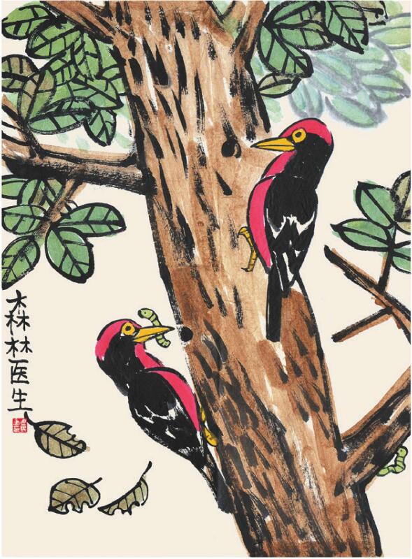 啄木鳥兒童國畫