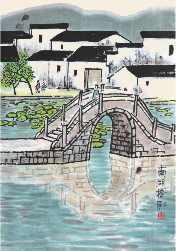 南湖橋影兒童國(guó)畫