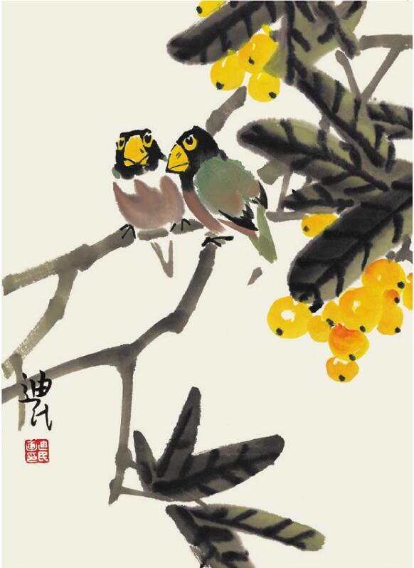 蠟嘴鳥兒童國畫