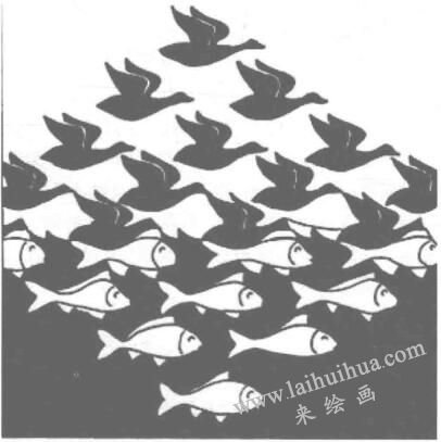 埃舍爾的代表作品《天空與水》，設(shè)計(jì)素描