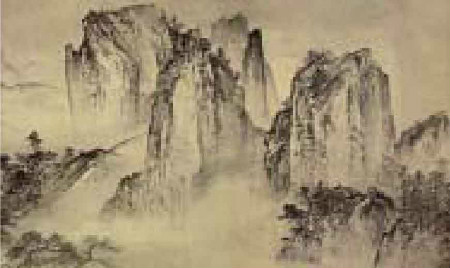 《溪山清遠圖》中山體構(gòu)圖斷筆，墨色暈染草率
