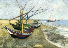 梵高《在圣馬迪拉莫海邊的漁船》油畫作品